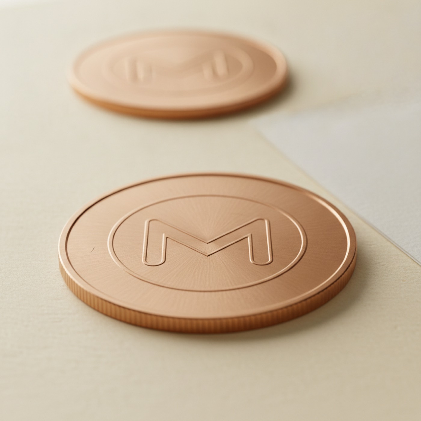 Close-up of a bronze Monero coin lying on cream paper