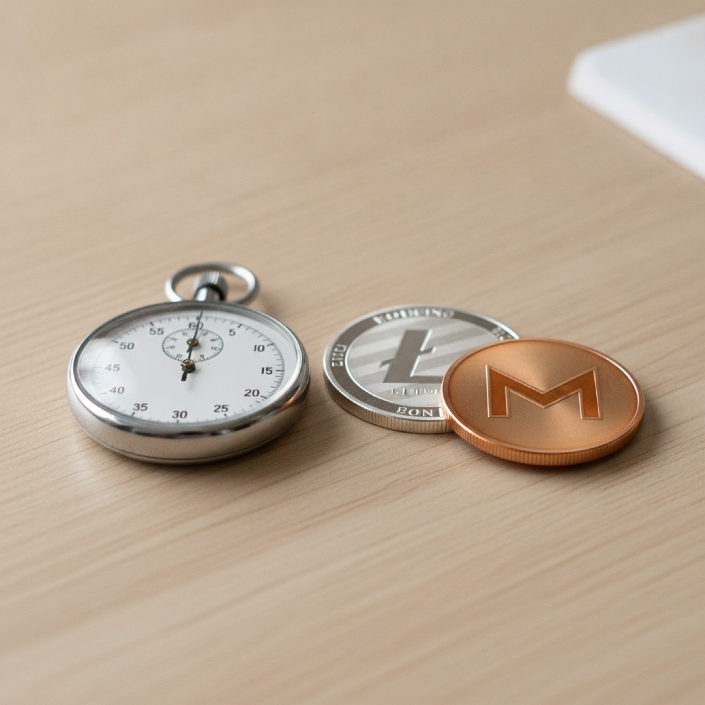 A steel stopwatch on a light wooden desk beside a Litecoin coin and a Monero coin
